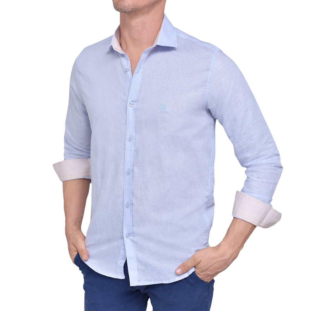 CAMISA ML LINO COMBINATO CELESTE