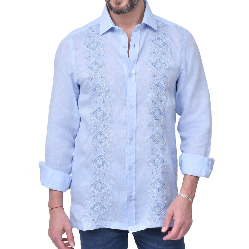 GUAYABERA LINO CELESTE CRUCES